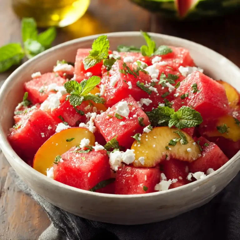 peach watermelon salad recipe with fresh mint and feta cheese