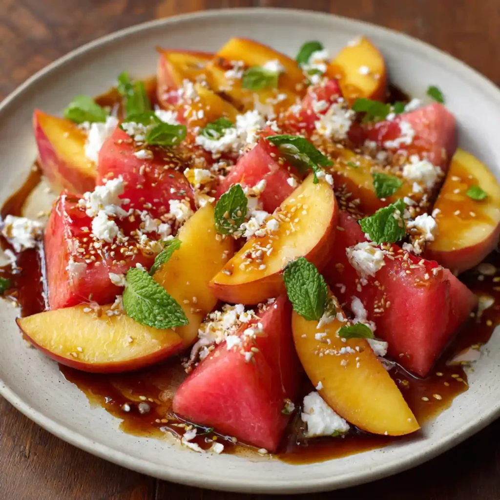 peach watermelon salad served with mint and feta garnish