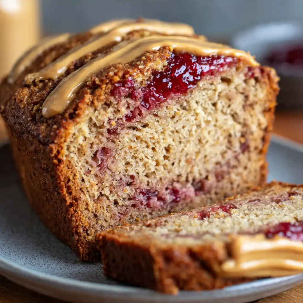 Peanut Butter and Jelly Banana Bread 3 close-up peanut butter and jelly banana bread showing jelly swirl texture