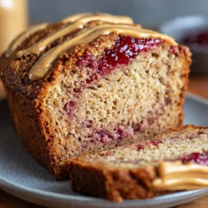 Peanut Butter and Jelly Banana Bread 5 close-up peanut butter and jelly banana bread showing jelly swirl texture