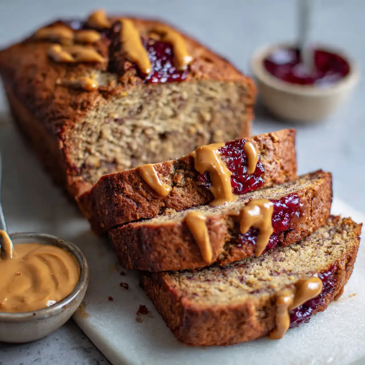 Peanut Butter and Jelly Banana Bread 1 peanut butter and jelly banana bread loaf with peanut butter drizzle