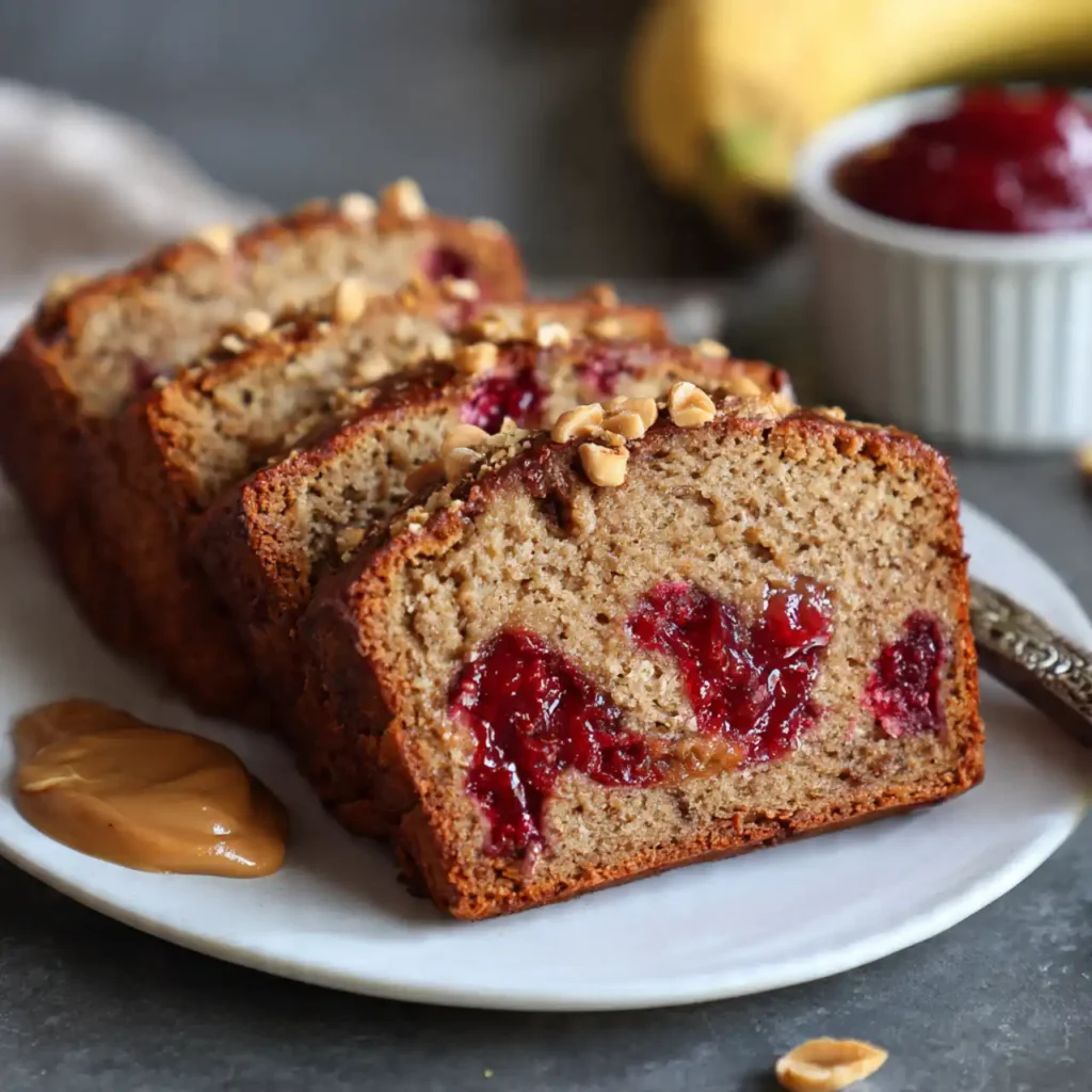 Peanut Butter and Jelly Banana Bread 4 slice of peanut butter and jelly banana bread served on plate