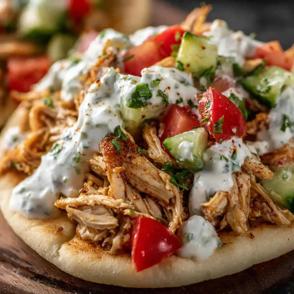Slow Cooker Chicken Gyros 3 close up shredded slow cooker chicken gyro filling