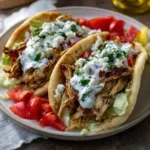 slow cooker chicken gyros in pita bread with tzatziki tomato and cucumber