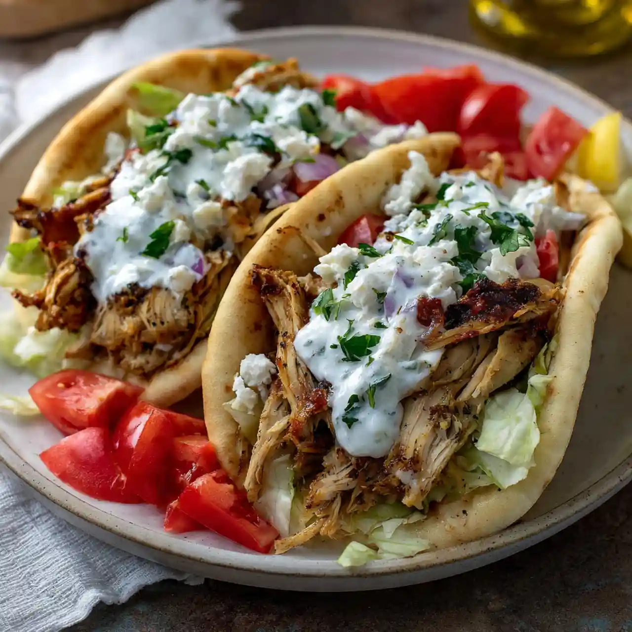 Slow Cooker Chicken Gyros 1 slow cooker chicken gyros in pita bread with tzatziki tomato and cucumber