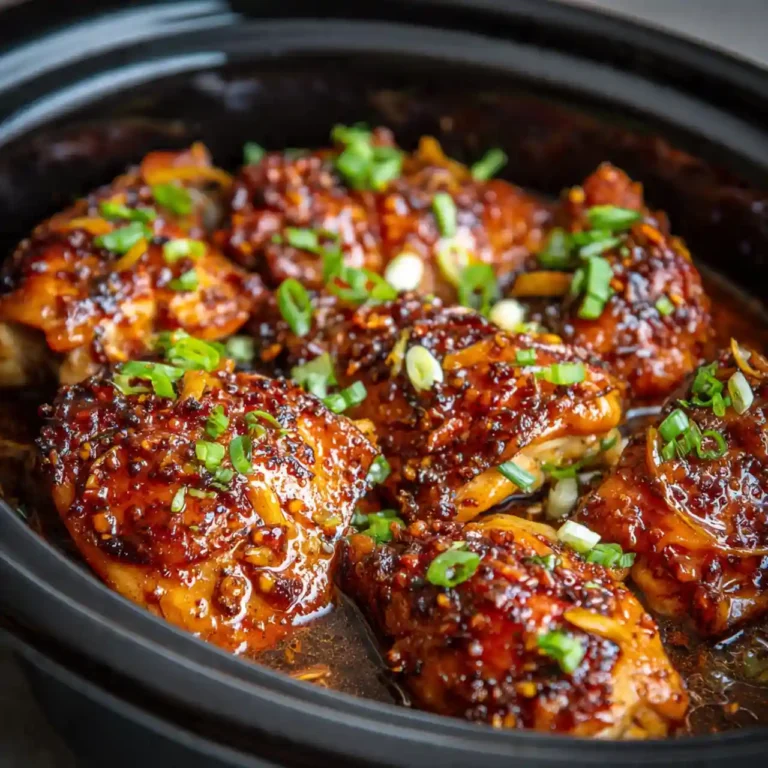 slow cooker honey garlic chicken served over rice with sesame seeds and green onions