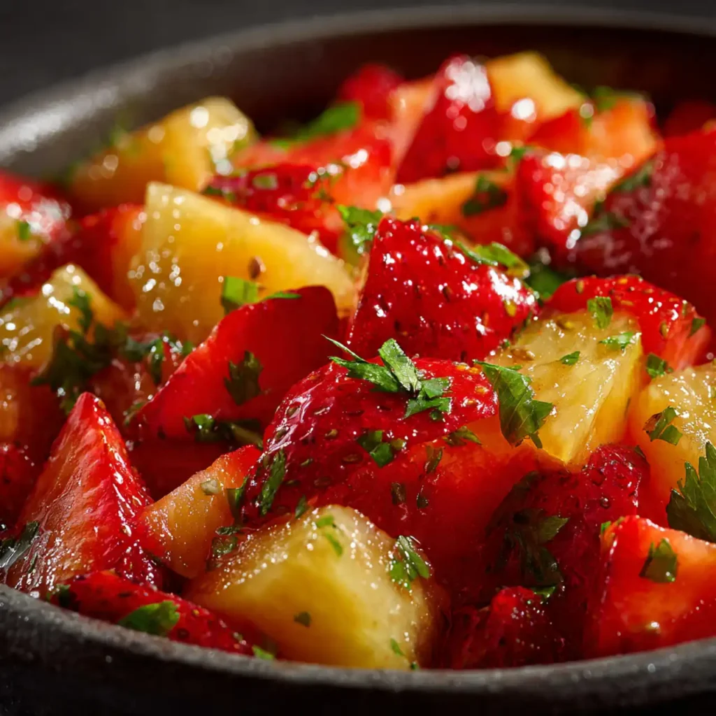 Strawberry Pineapple Salsa 3 close-up strawberry pineapple salsa showing fresh fruit texture