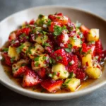 fresh strawberry pineapple salsa in bowl with tortilla chips