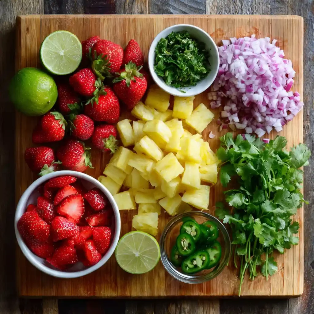Strawberry Pineapple Salsa 2 ingredients for strawberry pineapple salsa including strawberries and pineapple