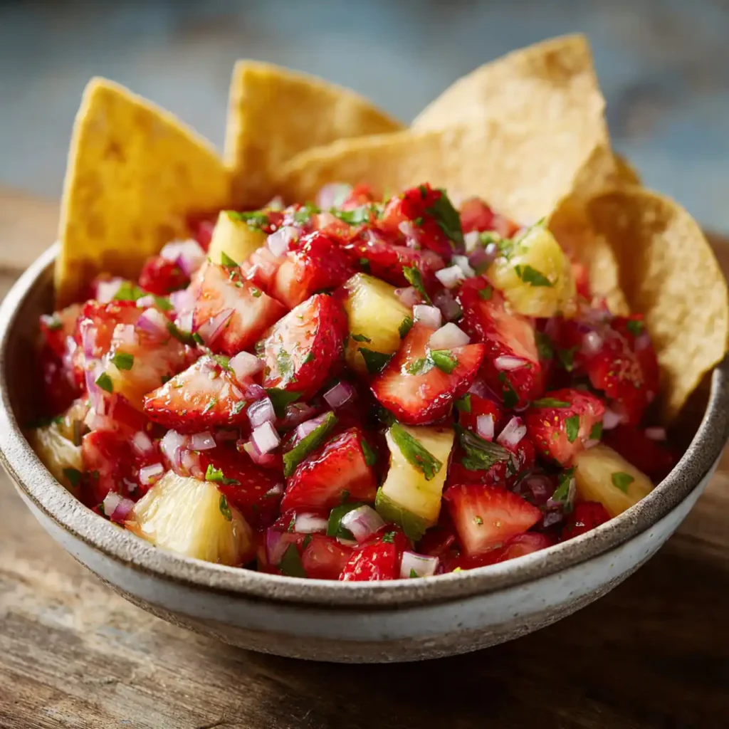 Strawberry Pineapple Salsa 4 strawberry pineapple salsa served with tortilla chips and tacos