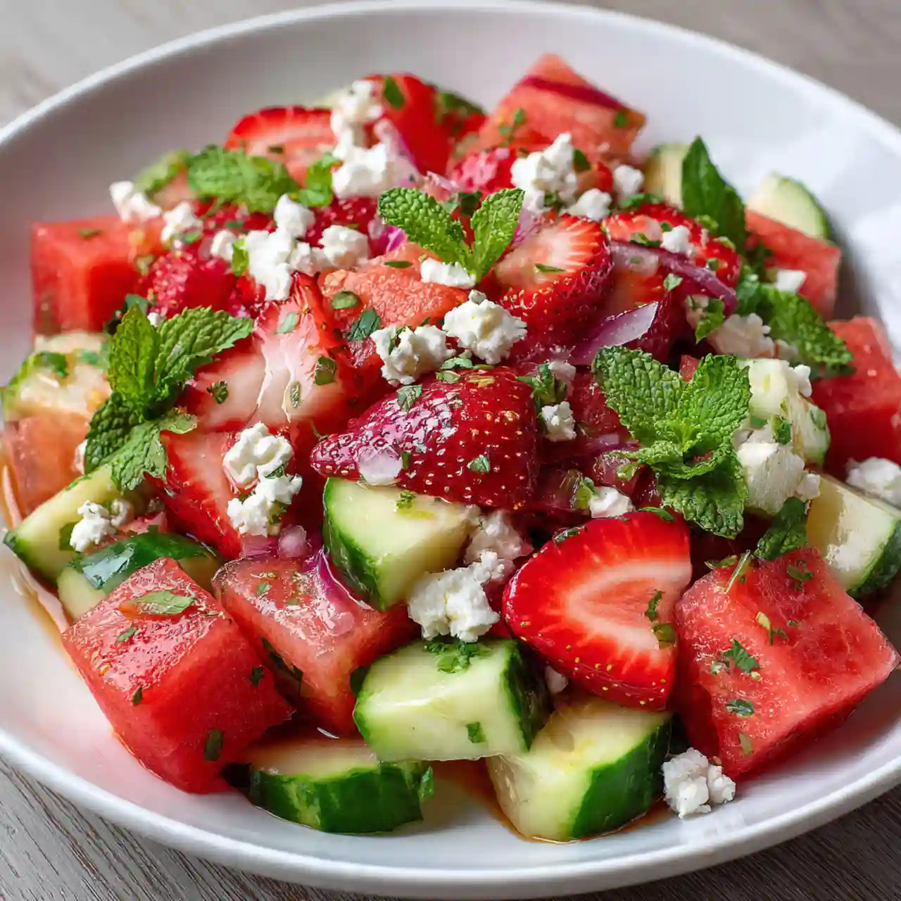Strawberry, Watermelon, Feta & Mint Cucumber Salad 1 strawberry watermelon feta mint cucumber salad in bowl with fresh mint