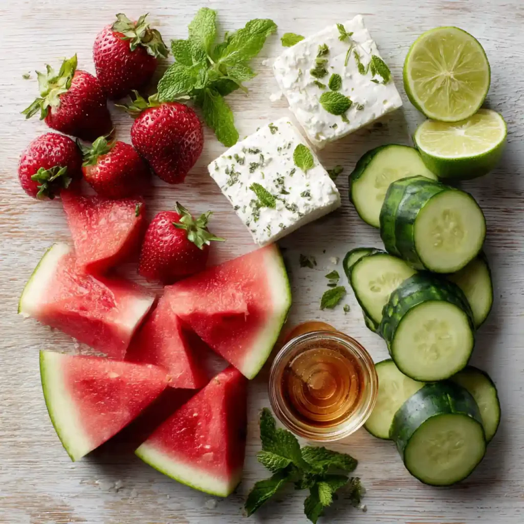 Strawberry, Watermelon, Feta & Mint Cucumber Salad 2 ingredients for strawberry watermelon feta mint cucumber salad including watermelon and feta