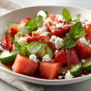 Strawberry, Watermelon, Feta & Mint Cucumber Salad 5 strawberry watermelon feta mint cucumber salad served with fresh mint
