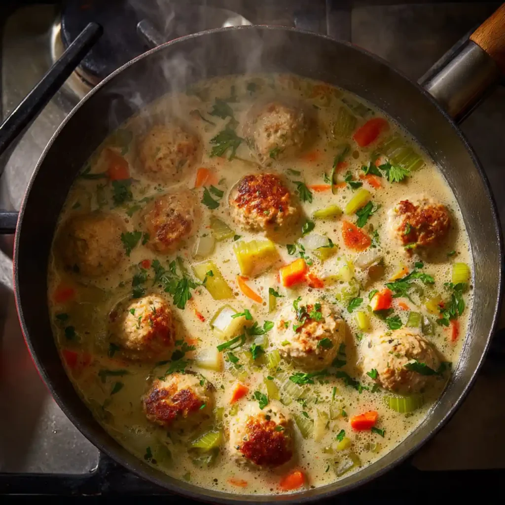 chicken meatballs cooking in creamy soup base in pot