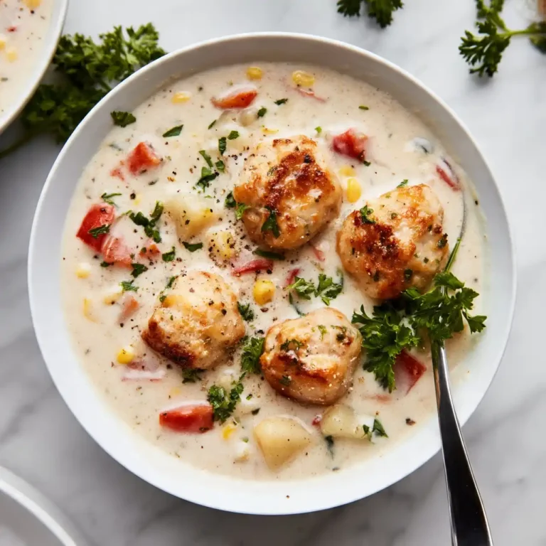 creamy one pot chicken meatball soup with spinach and herbs