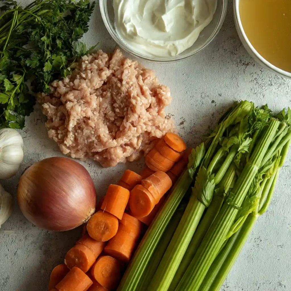 ingredients for creamy one pot chicken meatball soup including chicken spinach garlic and cream