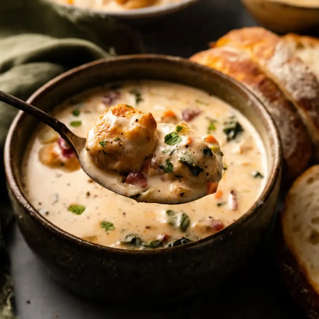 creamy one pot chicken meatball soup served with bread