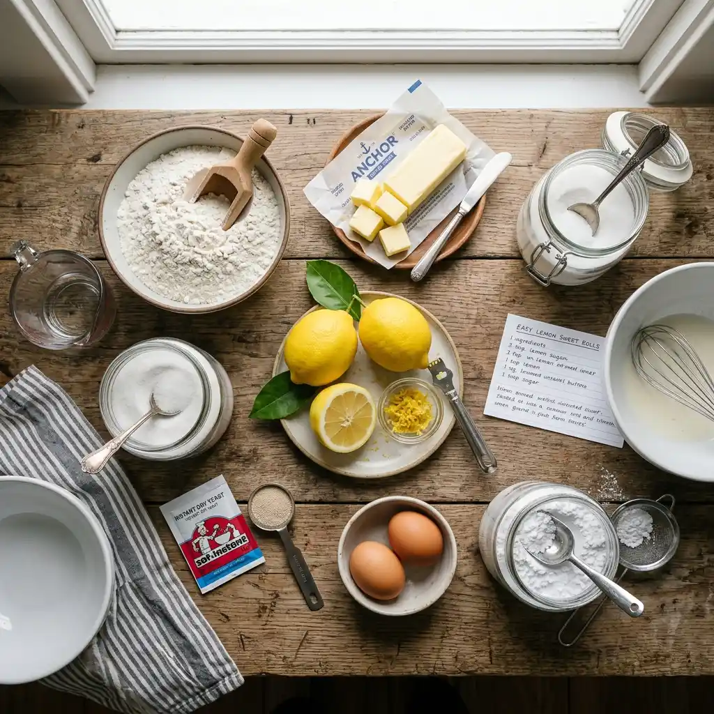ingredients for easy lemon sweet roll recipe including flour lemon butter and sugar