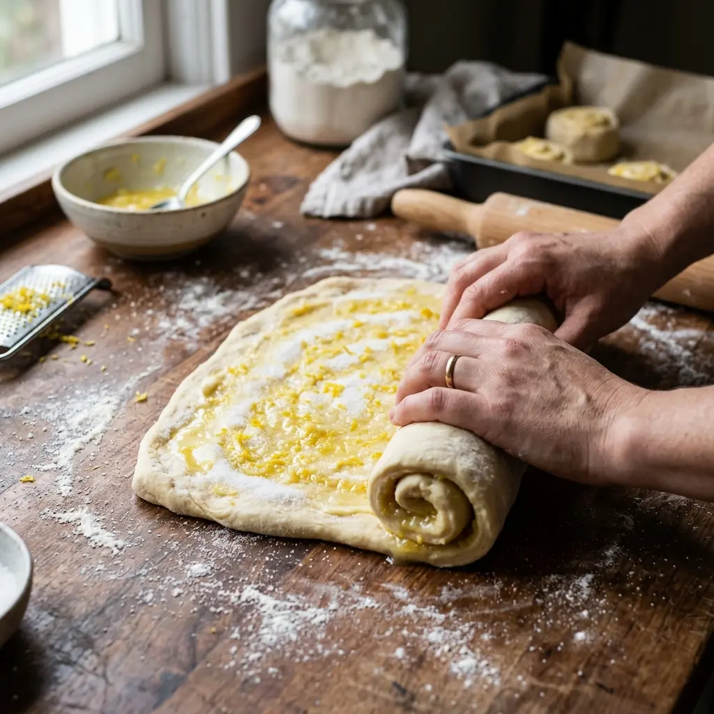 rolling lemon filling into dough for easy lemon sweet roll recipe