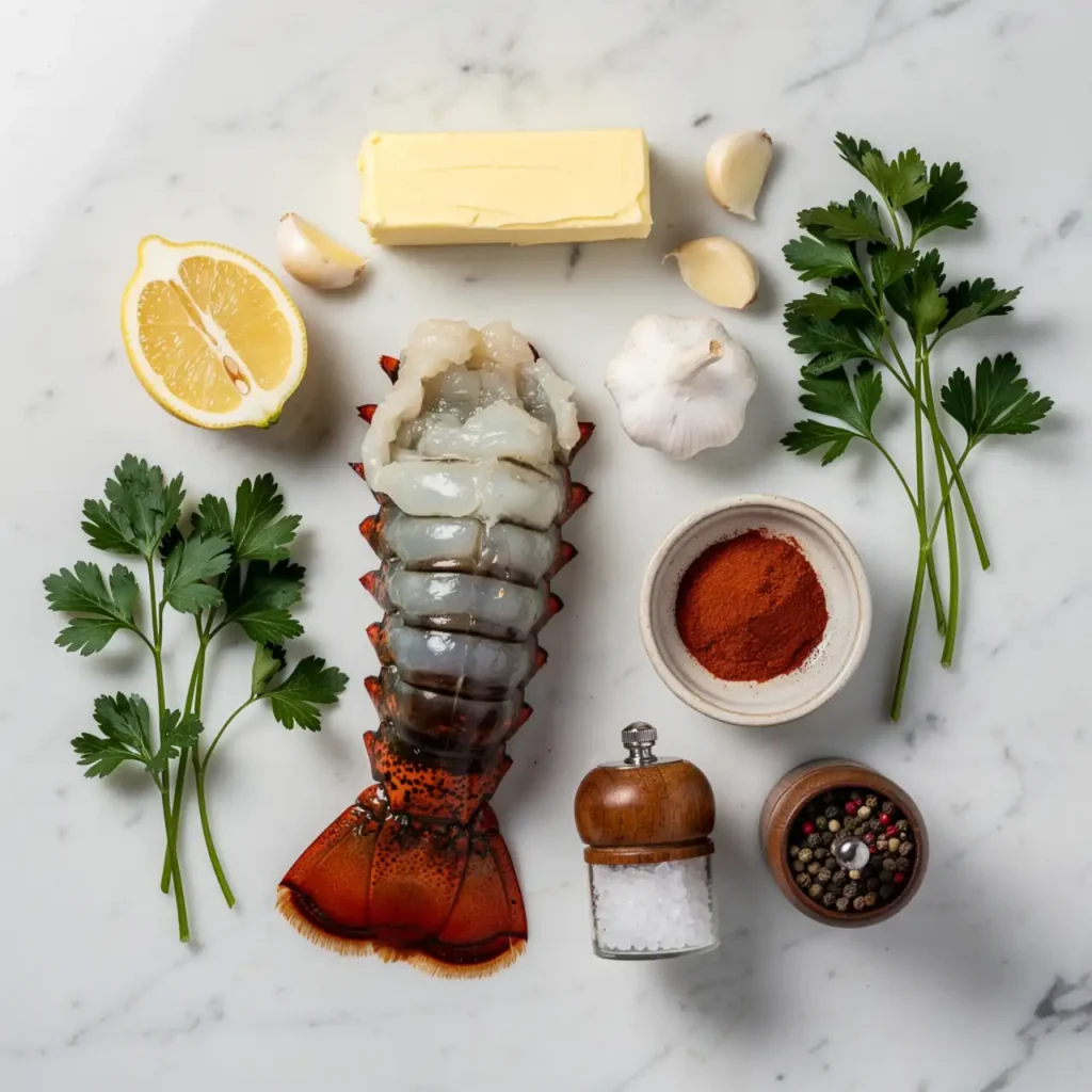 ingredients for garlic butter lobster tails recipe including lobster garlic butter and lemon
