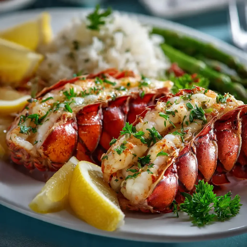 garlic butter lobster tails served with lemon and herbs