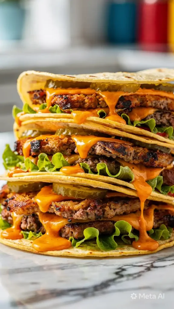 close up smash burger tacos with crispy beef and melted cheese