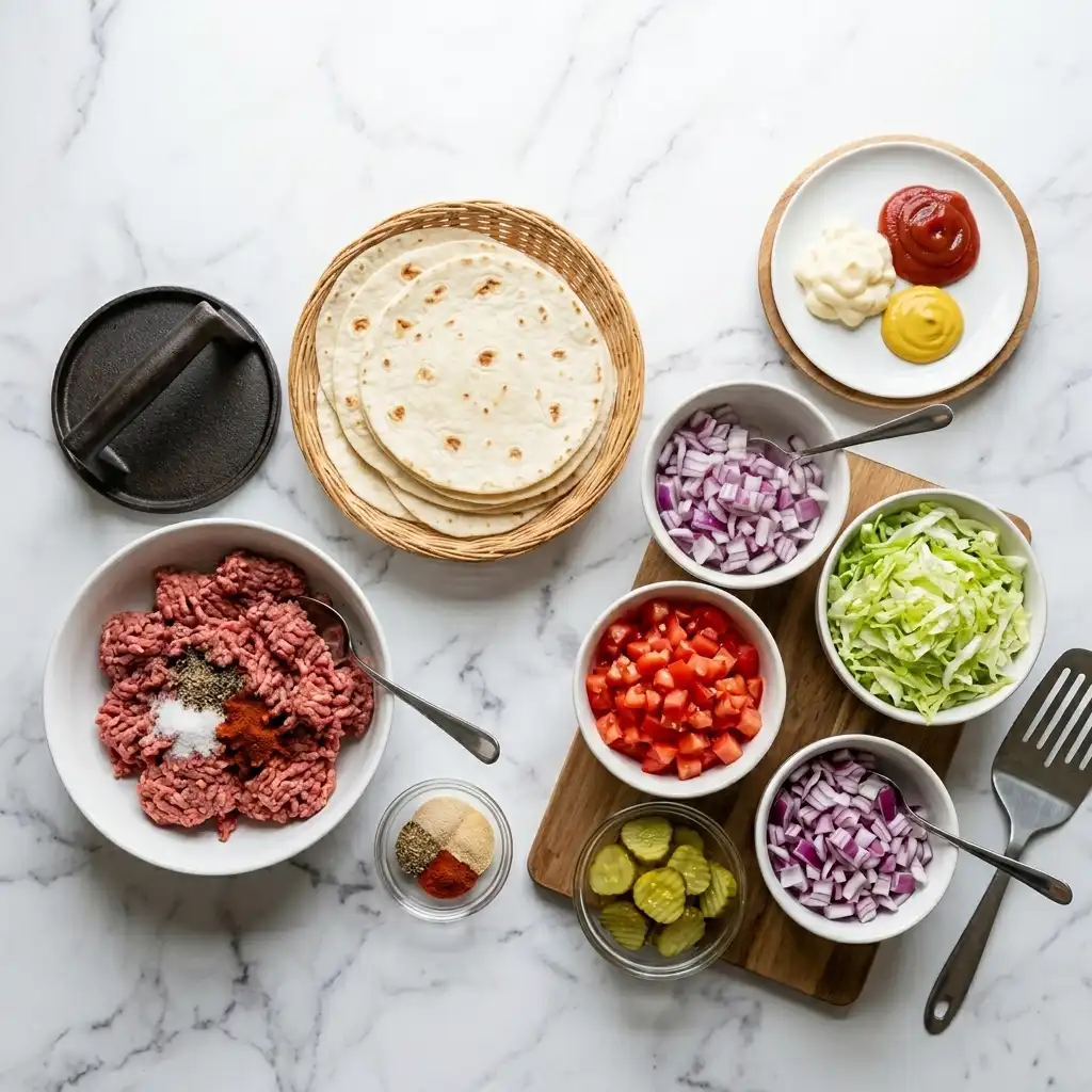 ingredients for smash burger tacos including ground beef tortillas cheese and pickles