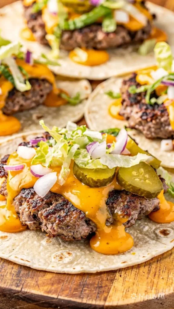 smash burger tacos served with lettuce pickles and burger sauce
