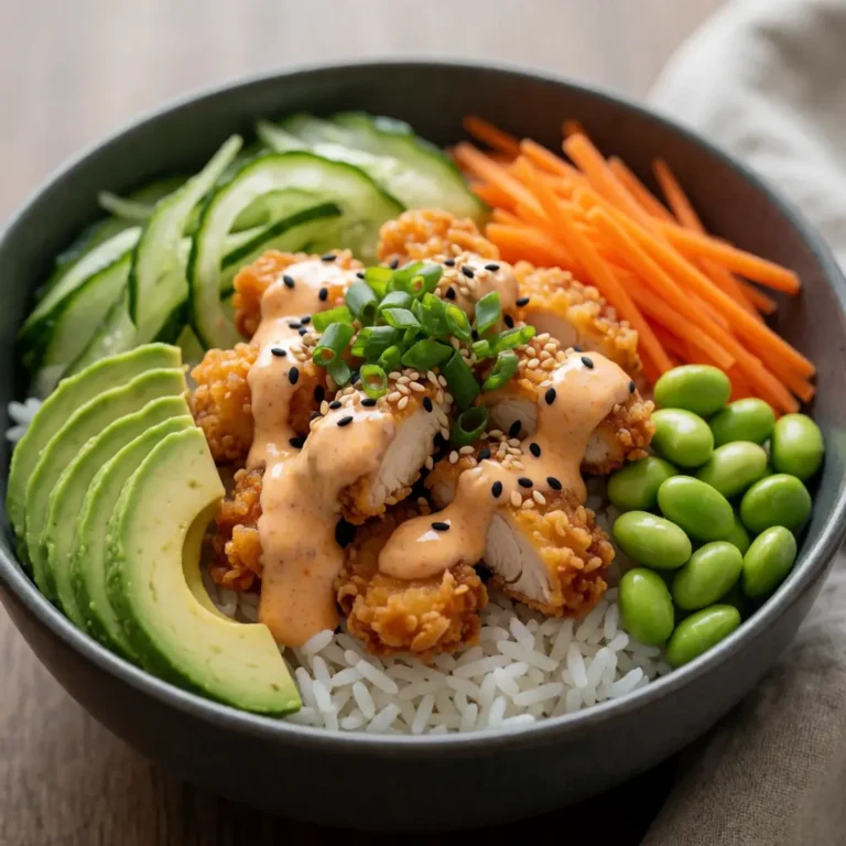 bang bang chicken bowl with crispy chicken rice vegetables and spicy sauce
