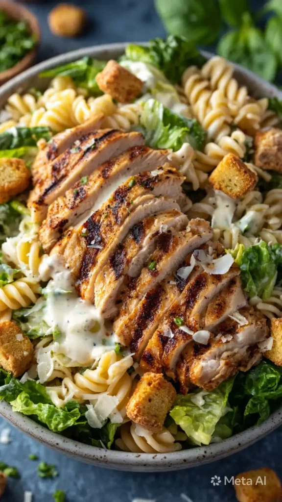 close up chicken caesar pasta salad with parmesan and dressing