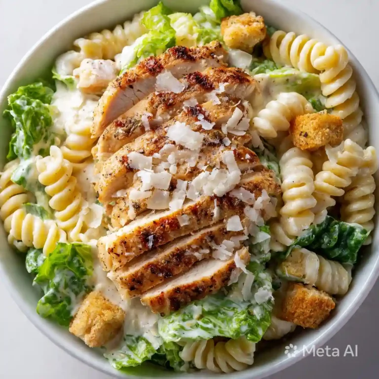 chicken caesar pasta salad with grilled chicken parmesan and romaine lettuce