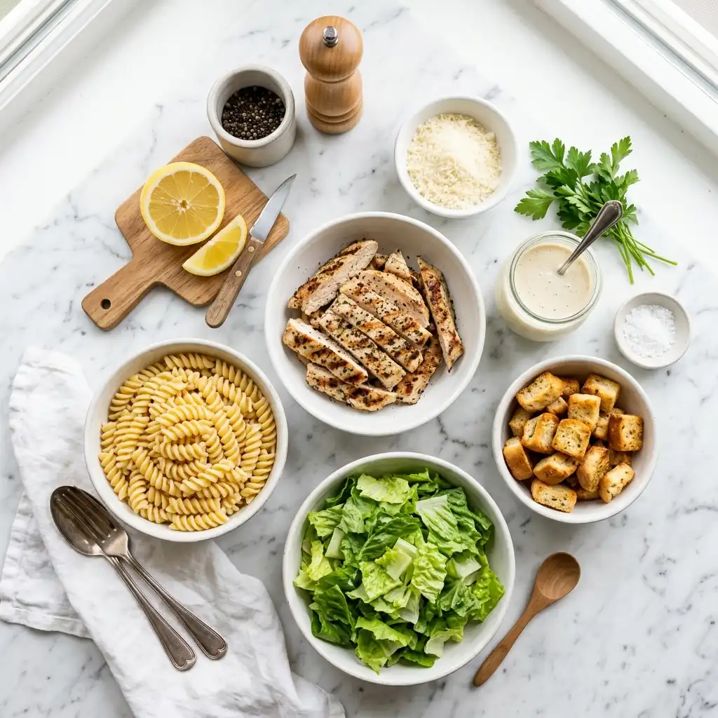 ingredients for chicken caesar pasta salad including chicken pasta romaine parmesan and caesar dressing