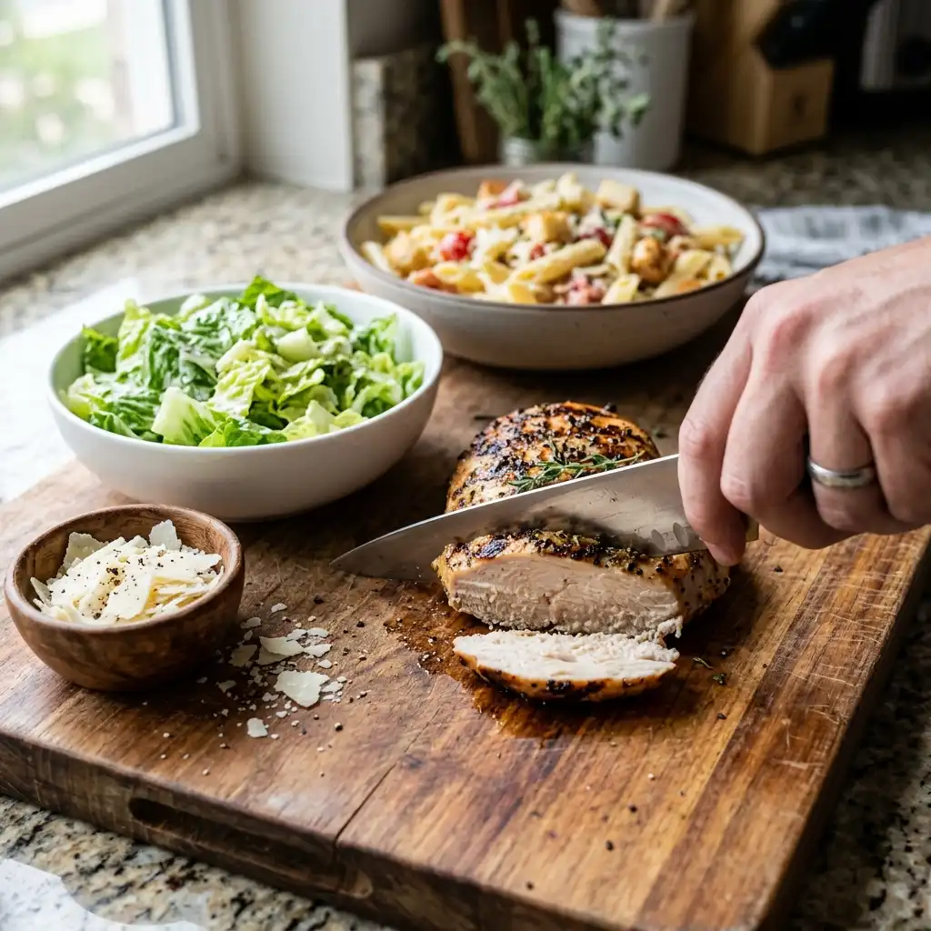 slicing grilled chicken for chicken caesar pasta salad