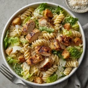 chicken caesar pasta salad served with garlic bread