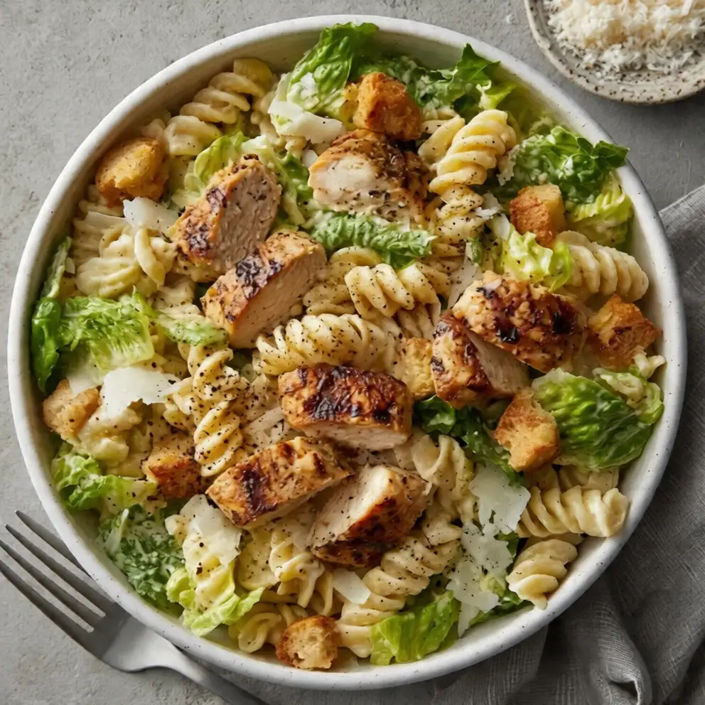 chicken caesar pasta salad served with garlic bread