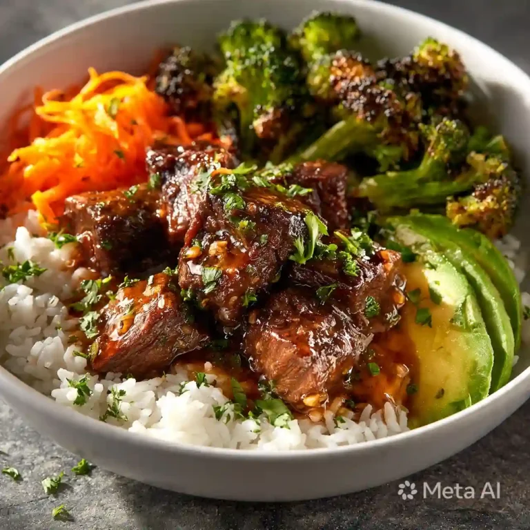 garlic butter steak bowl with juicy steak rice and vegetables