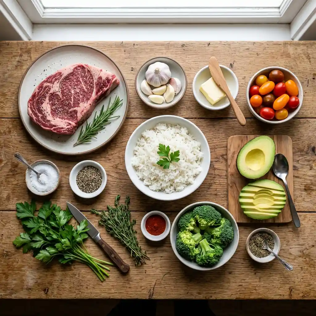 ingredients for garlic butter steak bowl including steak garlic butter rice and vegetables