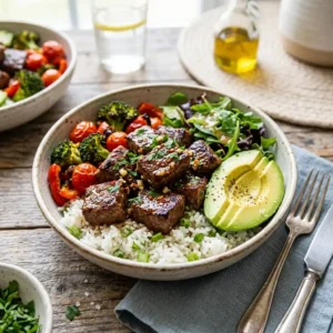 garlic butter steak bowl served with rice avocado and vegetables