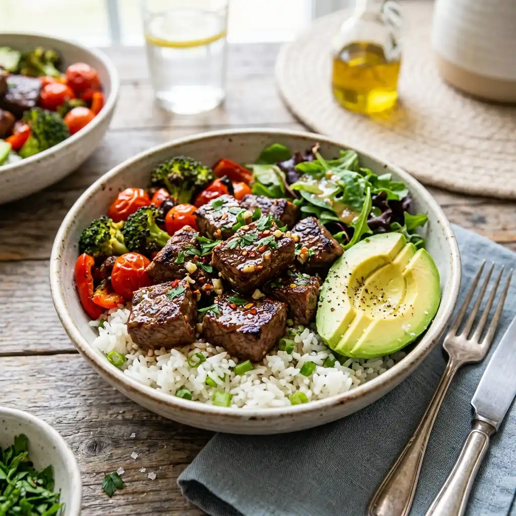 garlic butter steak bowl served with rice avocado and vegetables