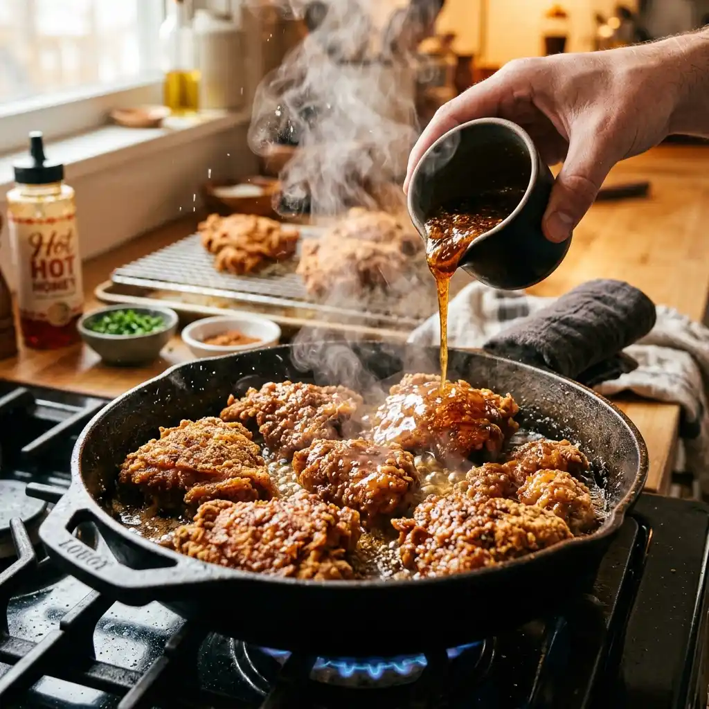 hot honey glazed chicken cooking in skillet