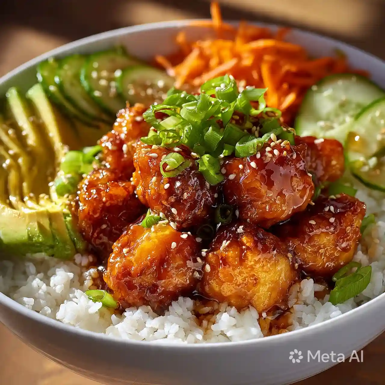 hot honey chicken bowls with spicy glazed chicken rice and vegetables