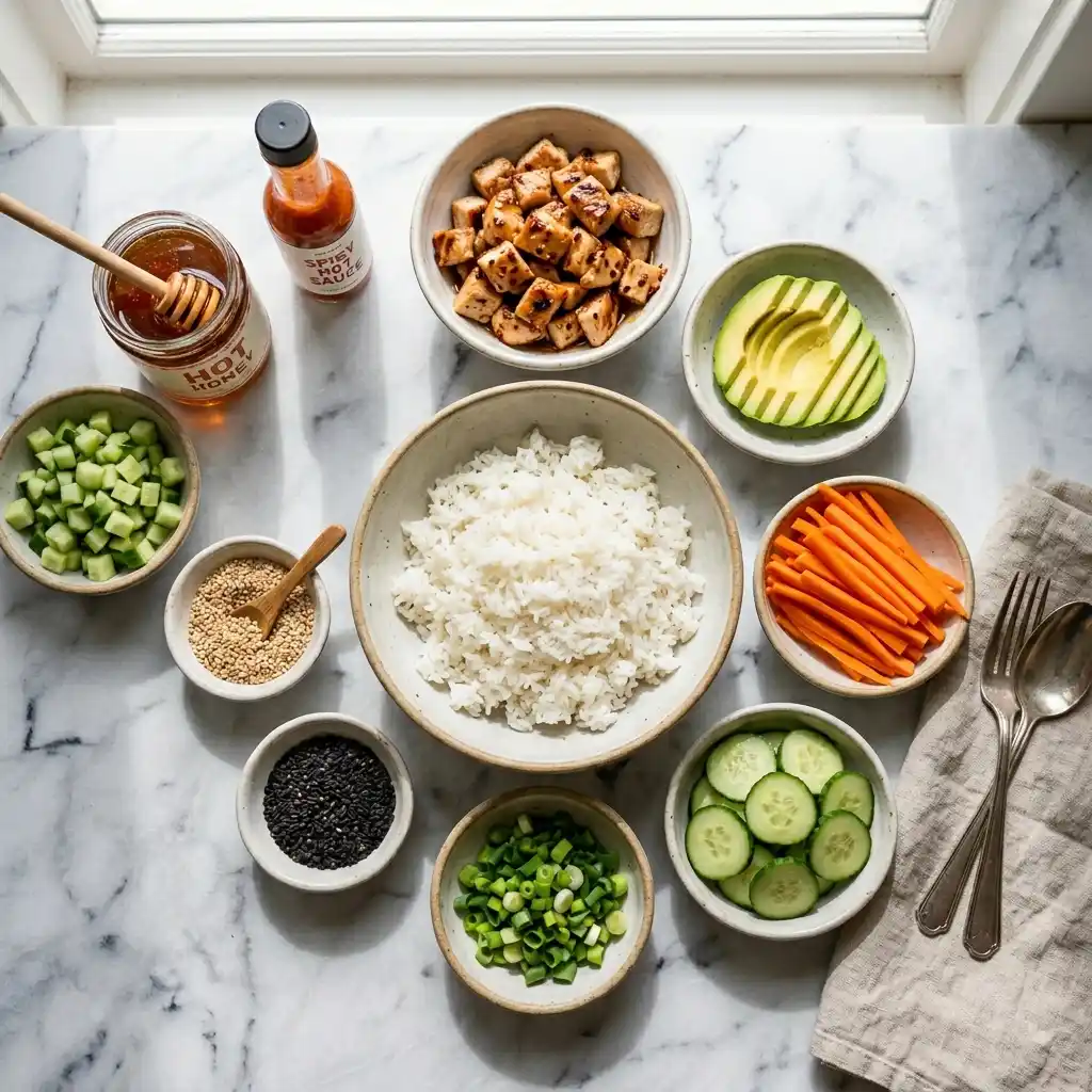 ingredients for hot honey chicken bowls including chicken hot honey rice and vegetables