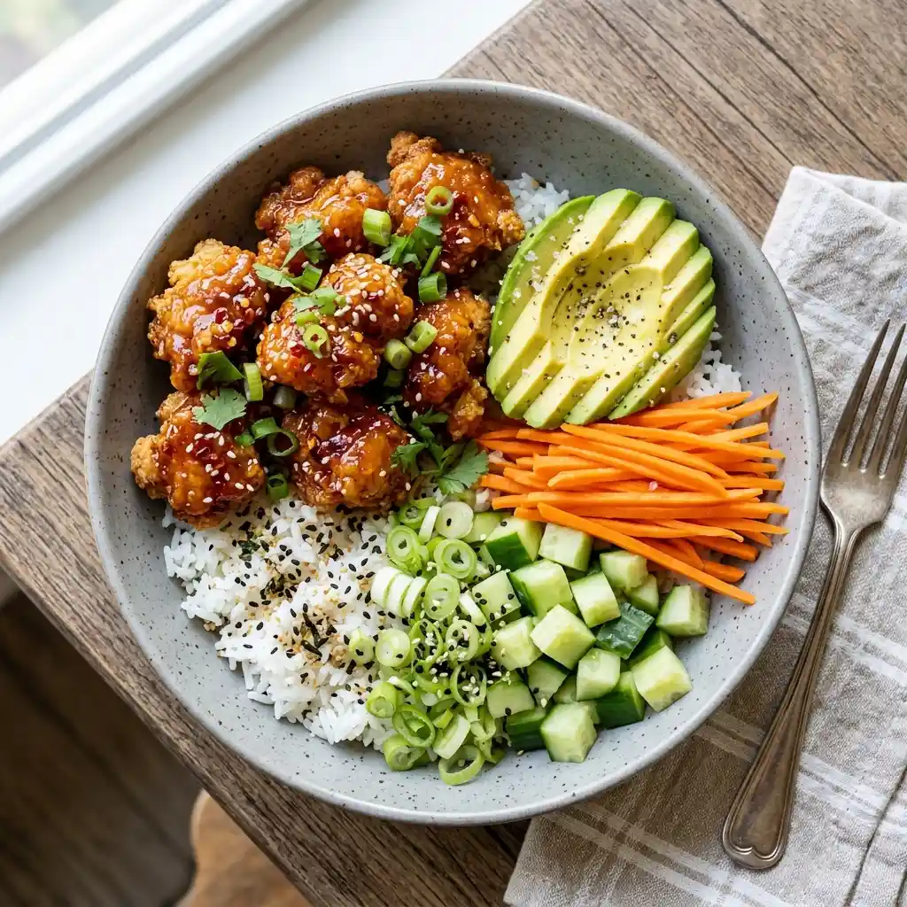 hot honey chicken bowls served with rice avocado and vegetables