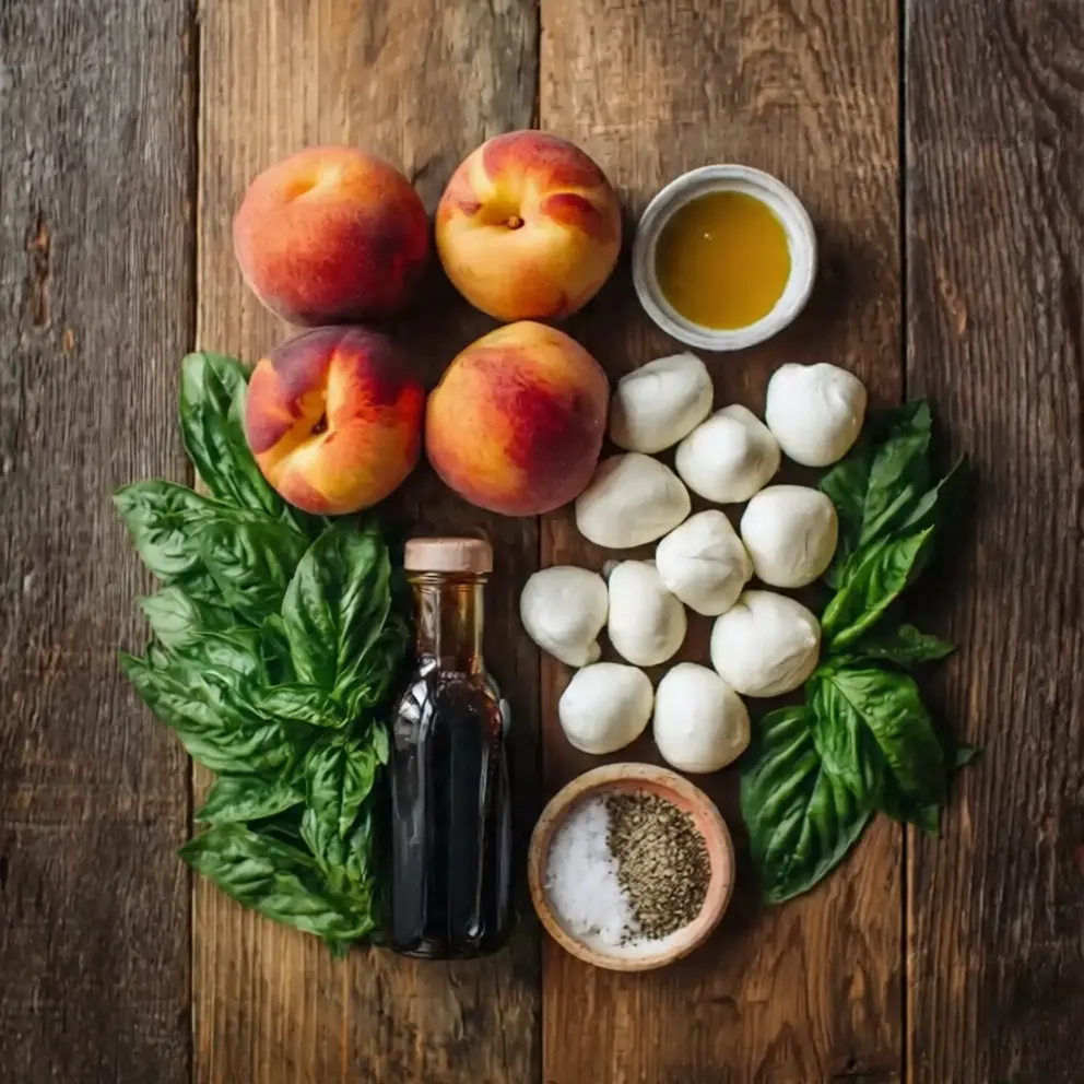 ingredients for peach caprese salad including peaches mozzarella basil and balsamic glaze