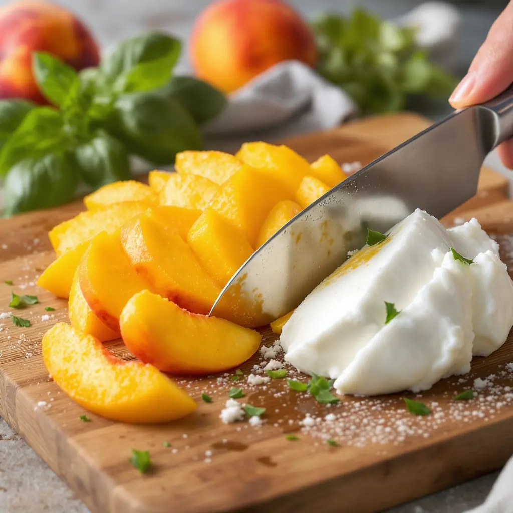 slicing peaches and mozzarella for peach caprese salad