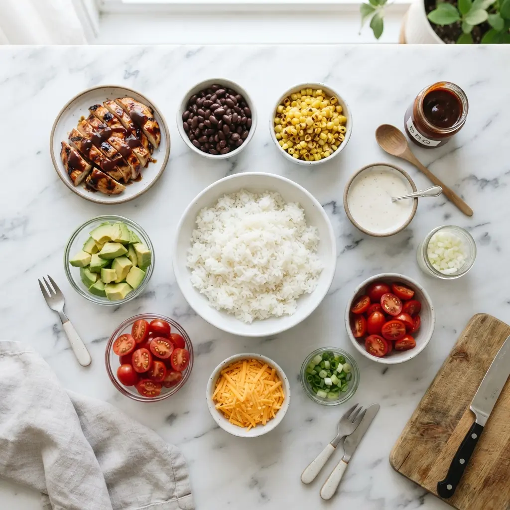 ingredients for bbq ranch chicken bowl including chicken bbq sauce ranch rice corn and black beans