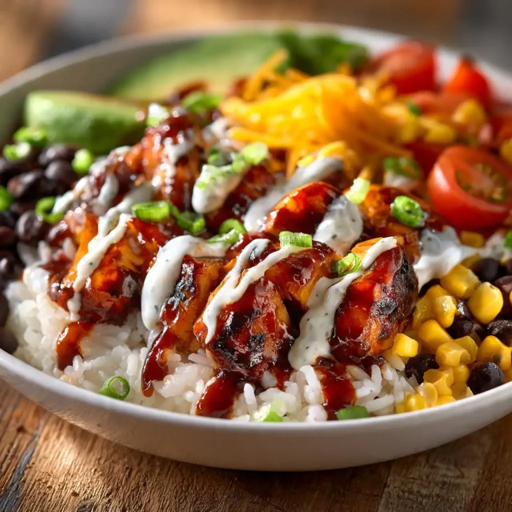 bbq ranch chicken bowl served with avocado corn black beans and ranch