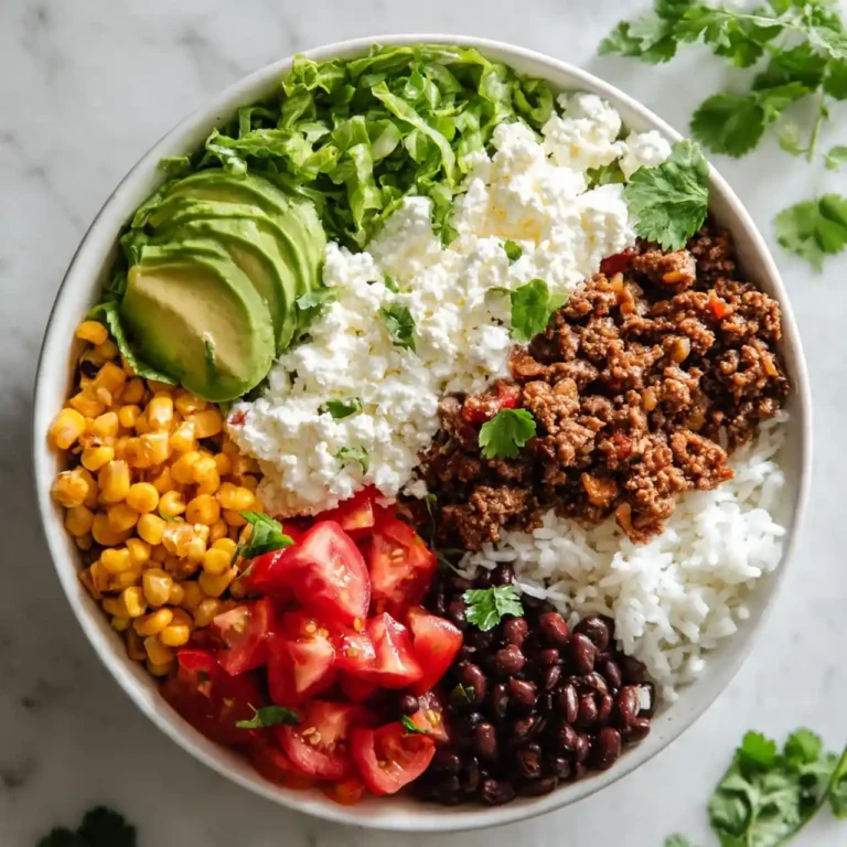 cottage cheese taco bowl with seasoned ground beef avocado corn and fresh vegetables