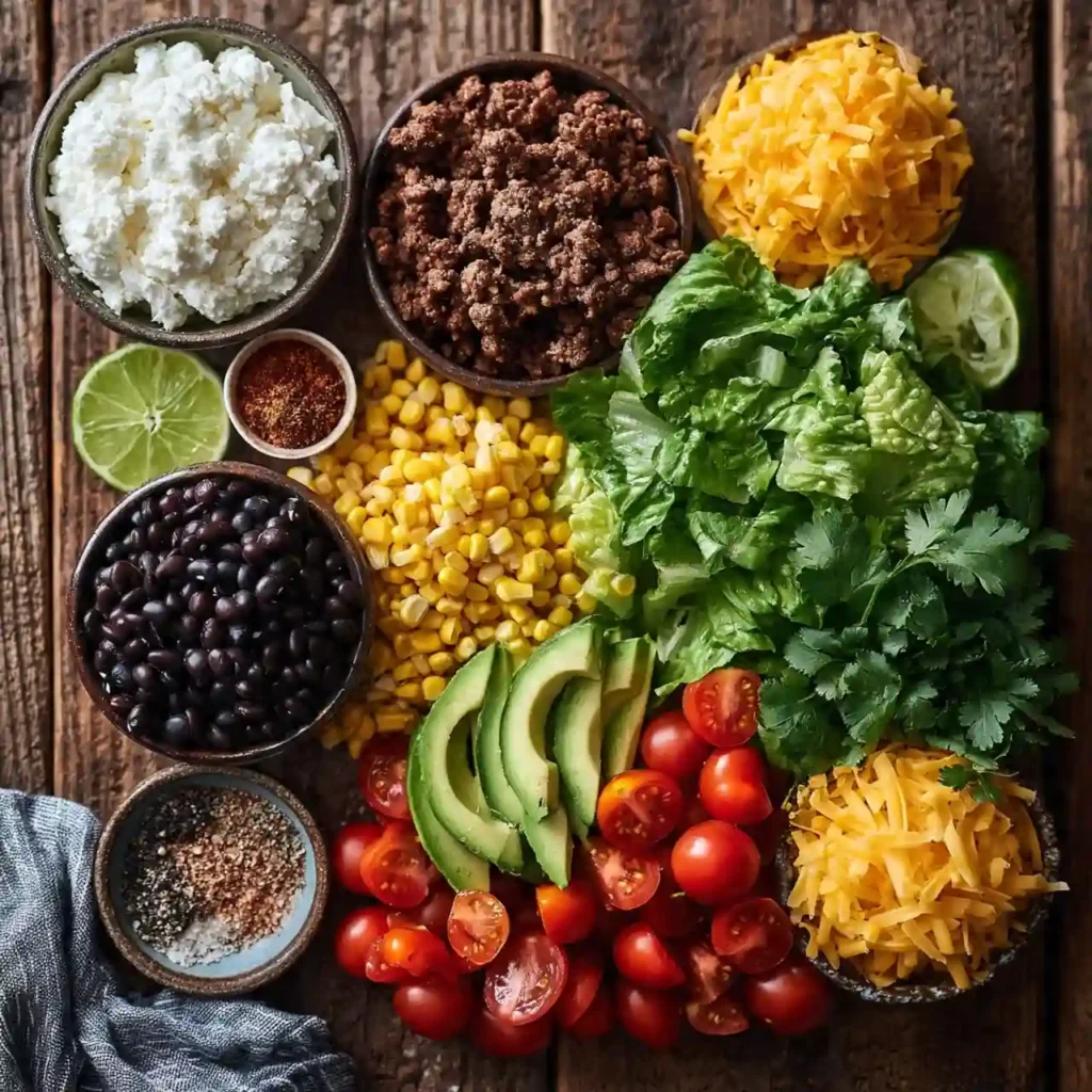 Healthy Cottage Cheese Taco Bowl 2 ingredients for cottage cheese taco bowl including cottage cheese ground beef avocado corn and taco seasoning
