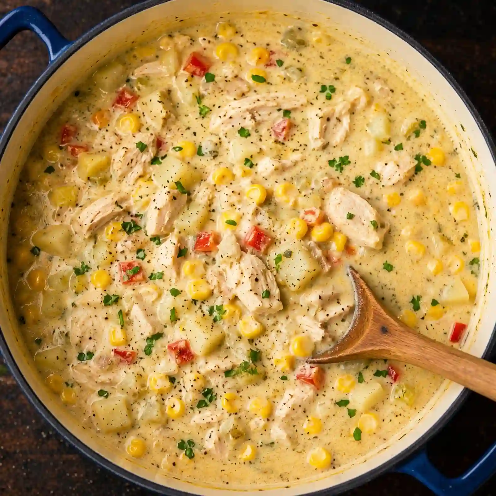 One Pot Creamy Chicken and Corn Chowder topped with bacon, cheddar, and parsley